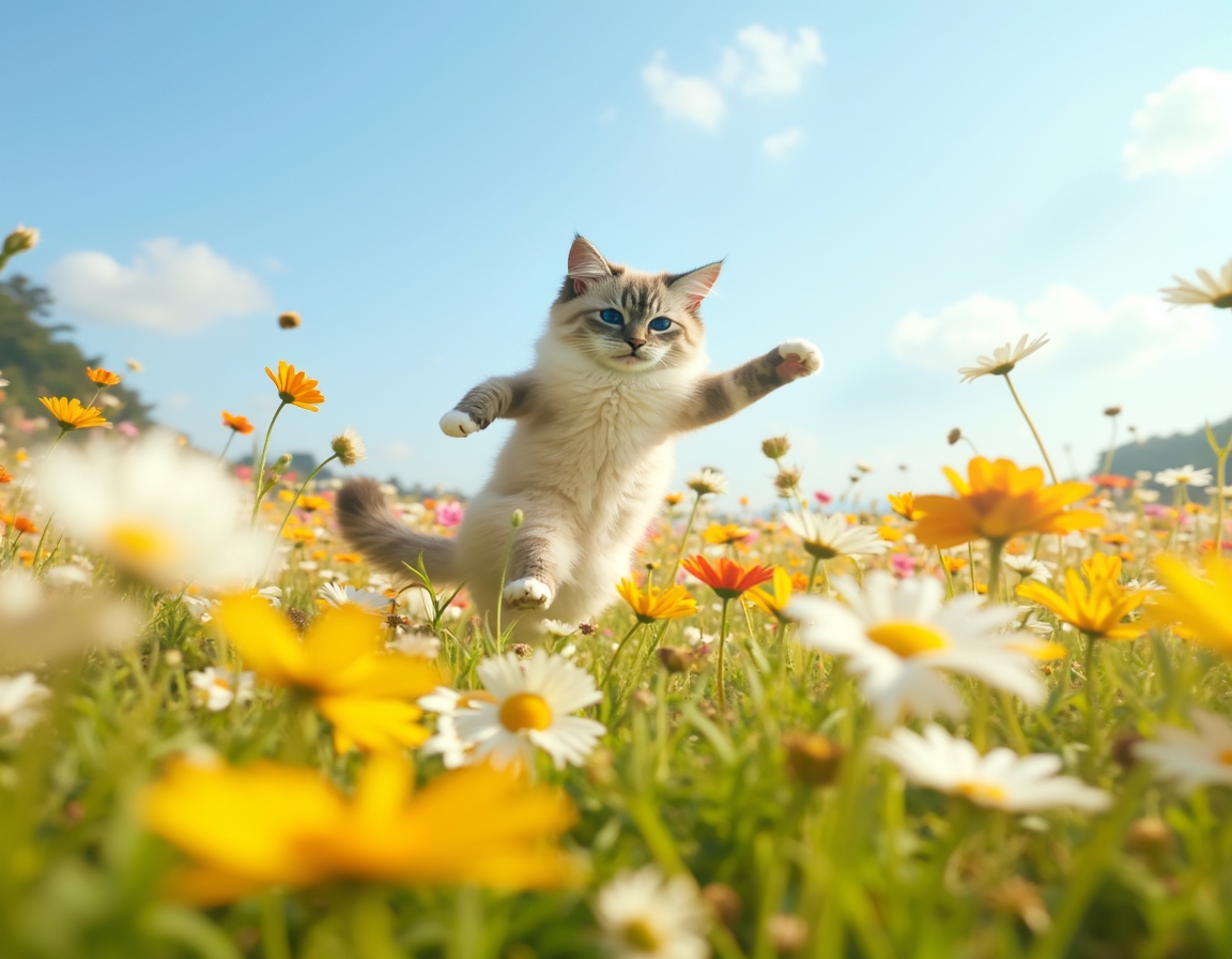 Cat enjoys the beauty of a flower-filled meadow, exploring the bright and colorful setting.